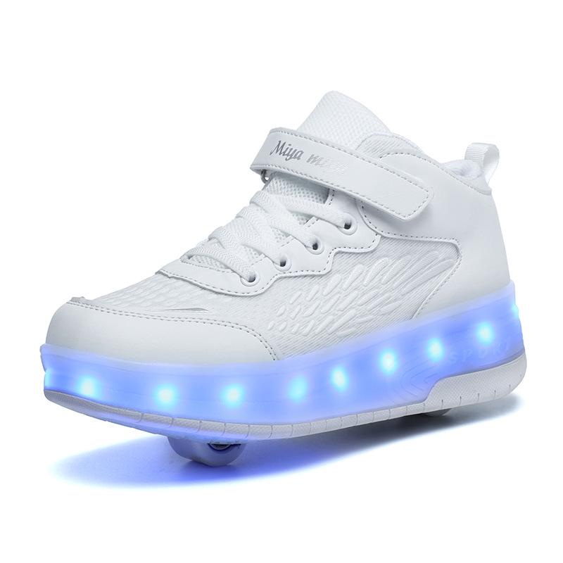 Children's Purple and White Convertible Four-Wheel Roller Shoes with Double-Wheel Hidden Skates