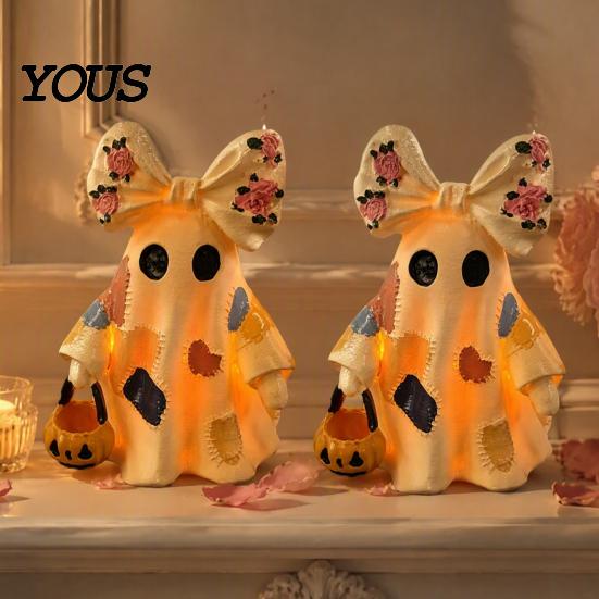 Decorative Ghost Couple Set Halloween Patchwork Ornament, Hanging Pumpkin Lantern Resin Vintage Creative Holiday House Decor Figures for