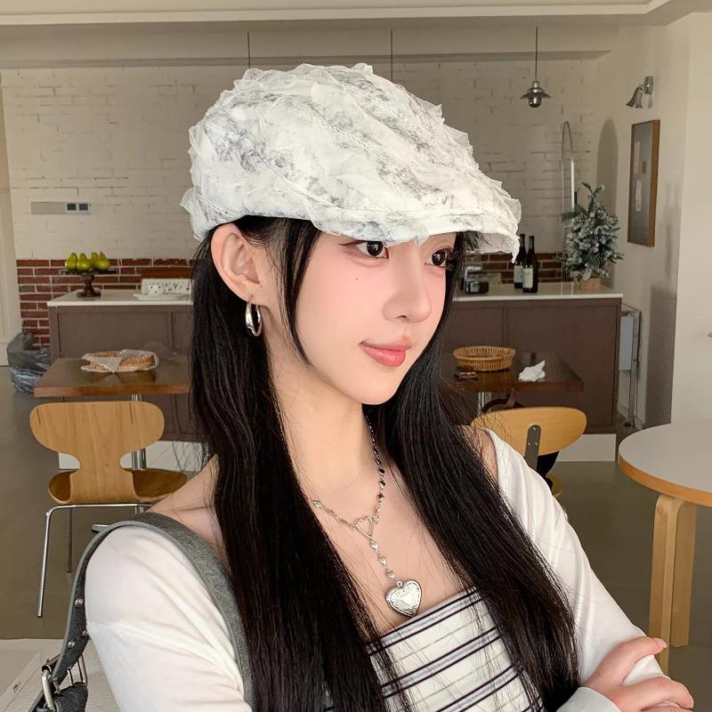 Ins Korean Version of Sweet Lace Pleated Design Berets for Women Spring and Summer Thin Casual Sunscreen Versatile Painter Hats