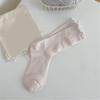 Elegant Hollow Out Breathable Mesh Middle Calf Socks Seamless Cotton Solid Color Ruffle Turn Cuff Crew Socks for Women
