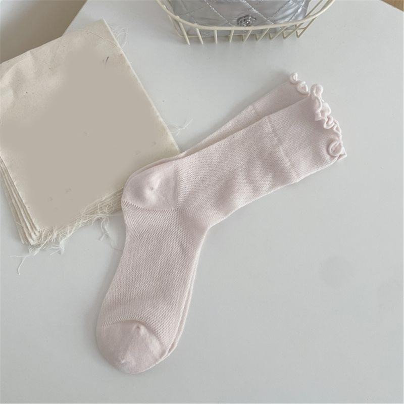 Elegant Hollow Out Breathable Mesh Middle Calf Socks Seamless Cotton Solid Color Ruffle Turn Cuff Crew Socks for Women