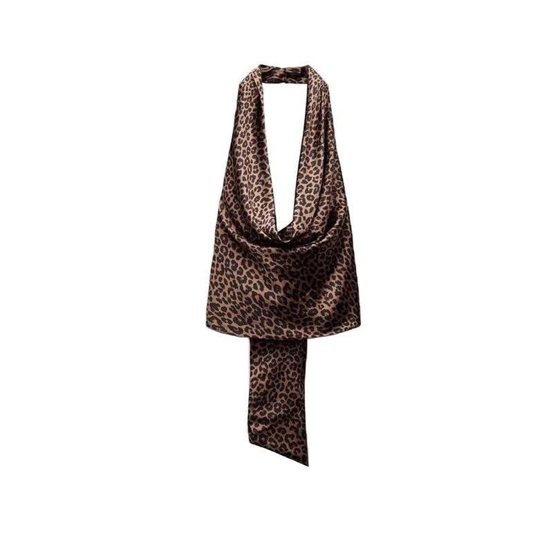 Spring New Women's Clothing Loose Fashion Ruched Hanging Collar Silk Satin Texture Open Back Short Top 3067119