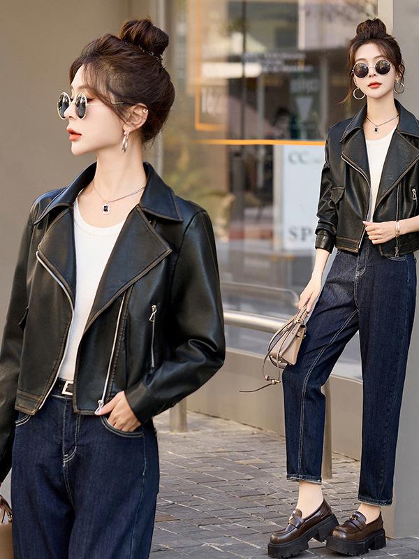2025 Spring/Autumn Temperament Women's Slim Leather Jacket with Turn-Down Collar