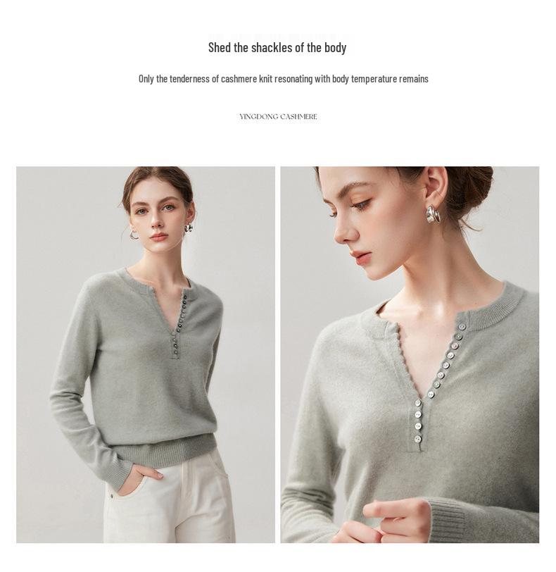 Women's Cashmere V-Neck Multi-Button Sweater - Slim Fit, Loose Knit, Base Layer