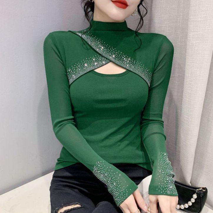 Spring Autumn New Fashion Hot Diamond Mesh T-shirt Women's Long Sleeve Hollow Top Solid Color Half High Neck Bottoming Shirt