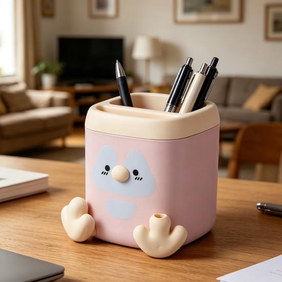 xiaobudian Pen Holder with Detachable Pencil Sharpener, Dual Compartments Organizer, Cartoon Penguin Design Office Desk Organizer