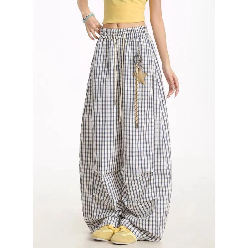 Loose Casual Plaid Wide Leg Pant Women High Waist Vintage Straight Trousers Summer Oversize Lace Up Lady Pants S