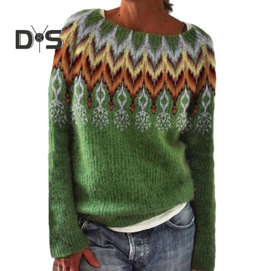

Винтажный женский свитер с круглым вырезом и длинными рукавами, цветной блок, свободный пуловер, свитер, модный, удобный, теплый, трикотаж, осенне-зимняя трикотажная одежда 2XL зелёный