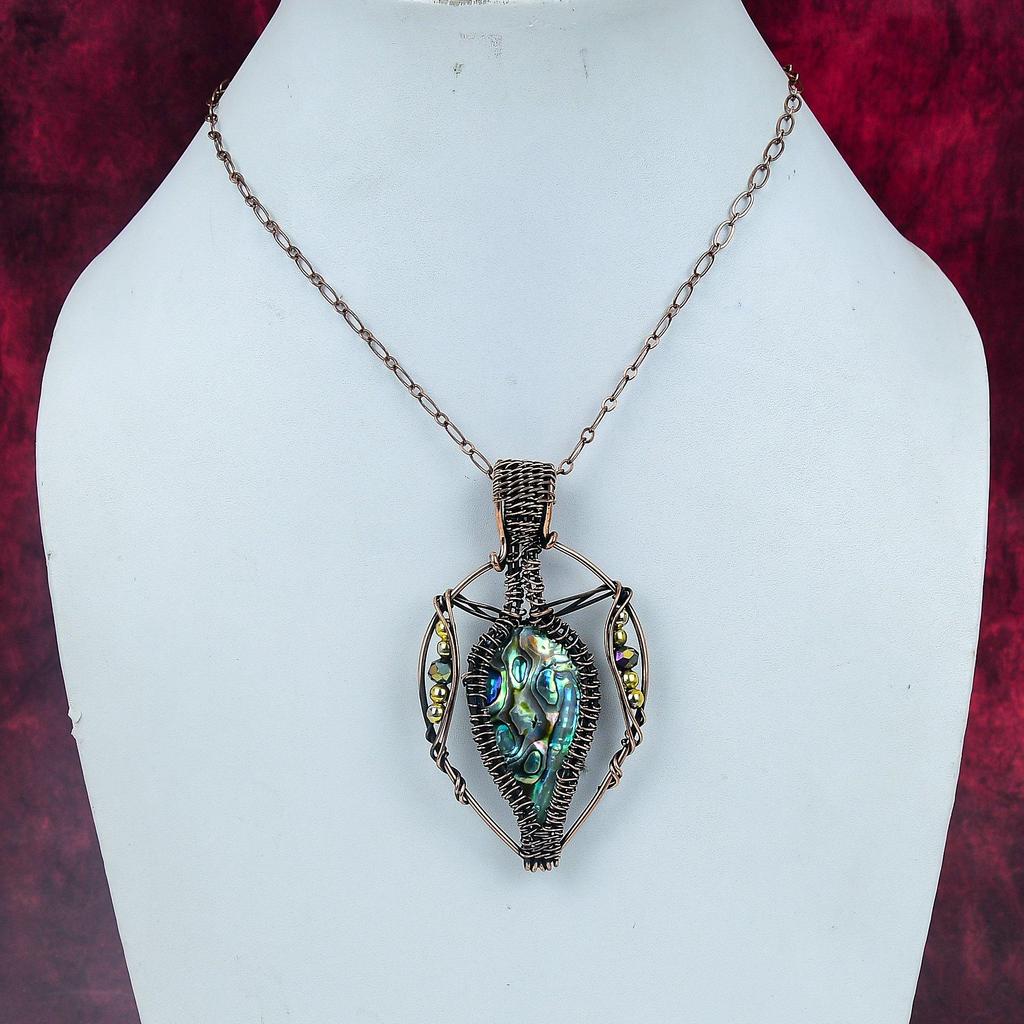 Abalone Shell Pendant Handmade Natural Gemstone Pendant Copper Wire Wrapped Jewelry