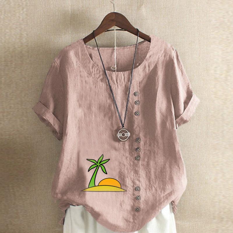 Women's Fashion Setting Sun Prined Short Sleeve T-shirt Loose Cotton Shirt Casual Loose Summer Blouse Tops Plus Size