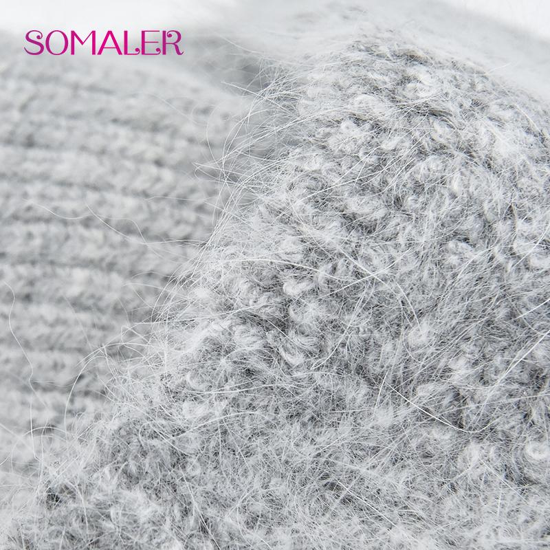 SOMALER Căciulă groasă, călduroasă, pufoasă, din lână angora pentru femei, cu design tricotat cu urechi de pisică, căciulă de iarnă la modă și confortabilă