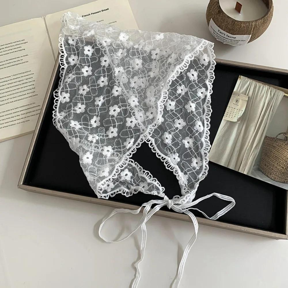 White Woven Floral Lace Hair Scarf Wraps Women Retro Breathable Retro Lace Hair Accessories Sweet Print Hair Bandana
