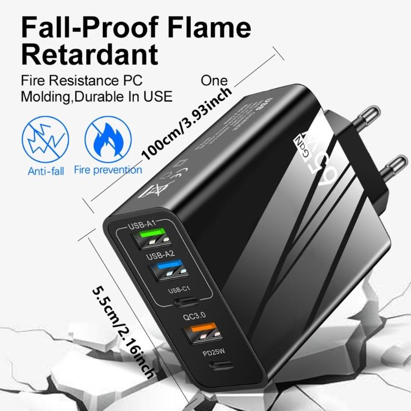 Multifuntional 65W Wall Charging Adapter USB Type C Port Intelligent Power Desktop Charging Station Plastic Texture