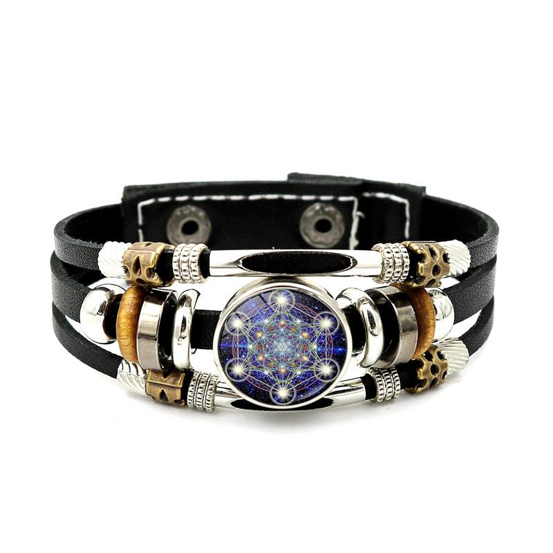 Mysterious Metatron Cube Vintage Bracelet Sacred Geometry Flower of Life Snap Button Multilayer Punk Leather Bracelet Wholesale