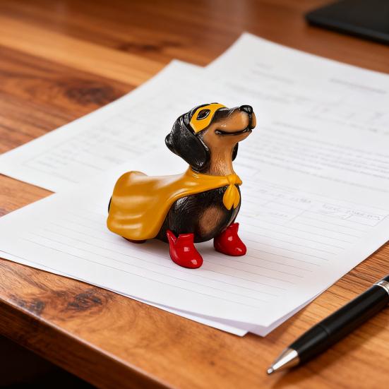 Hero Inspired Dachshund Ornament Yellow Cloak Red Boots Sausage Dog Statue Figurine