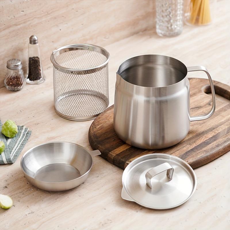 Stainless Steel Oil Filter Pot with Lid Thickened Kitchen Frying Oil Separator Grease Storage Bottle No Drip