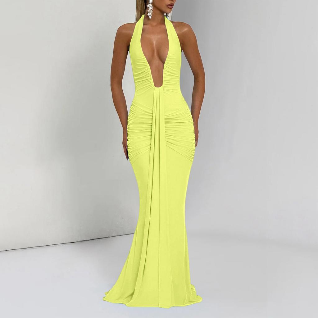 Women's Neck Deep V Backless Maxi Dress with Waist Tie Sash