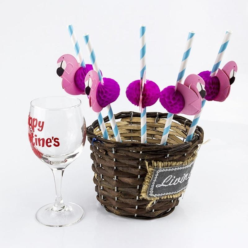 5Pcs Pink Flamingo Paper Straws Luau Tropical Beach Party Barware Favor