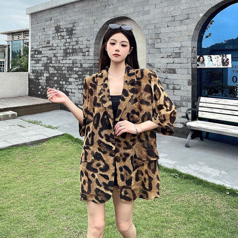 Summer Ladies Premium Retro Fashion Leopard Print Loose Short Sleeve Shirt Casual Blazer Coat Outerwear