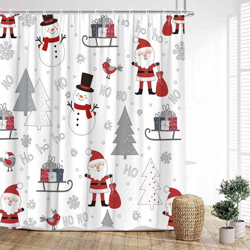 Cartoon Christmas Shower Curtain Funny Snowman Santa Claus Elk Xmas Trees New Year Kids Bath Curtains Bathroom Decor With Hooks