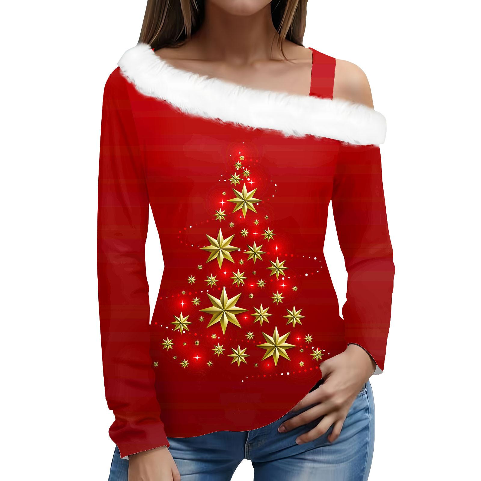 

Women s Long Sleeve Tops Fashionable Women s Loose Print Off-Shoulder Pullover Tops XL красный