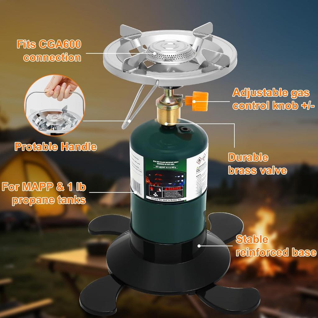 Portable Propane Camping Stove, Single Burner with Adjustable Flame & Foldable Base – Compact Backpacking Cooker for Hiking and