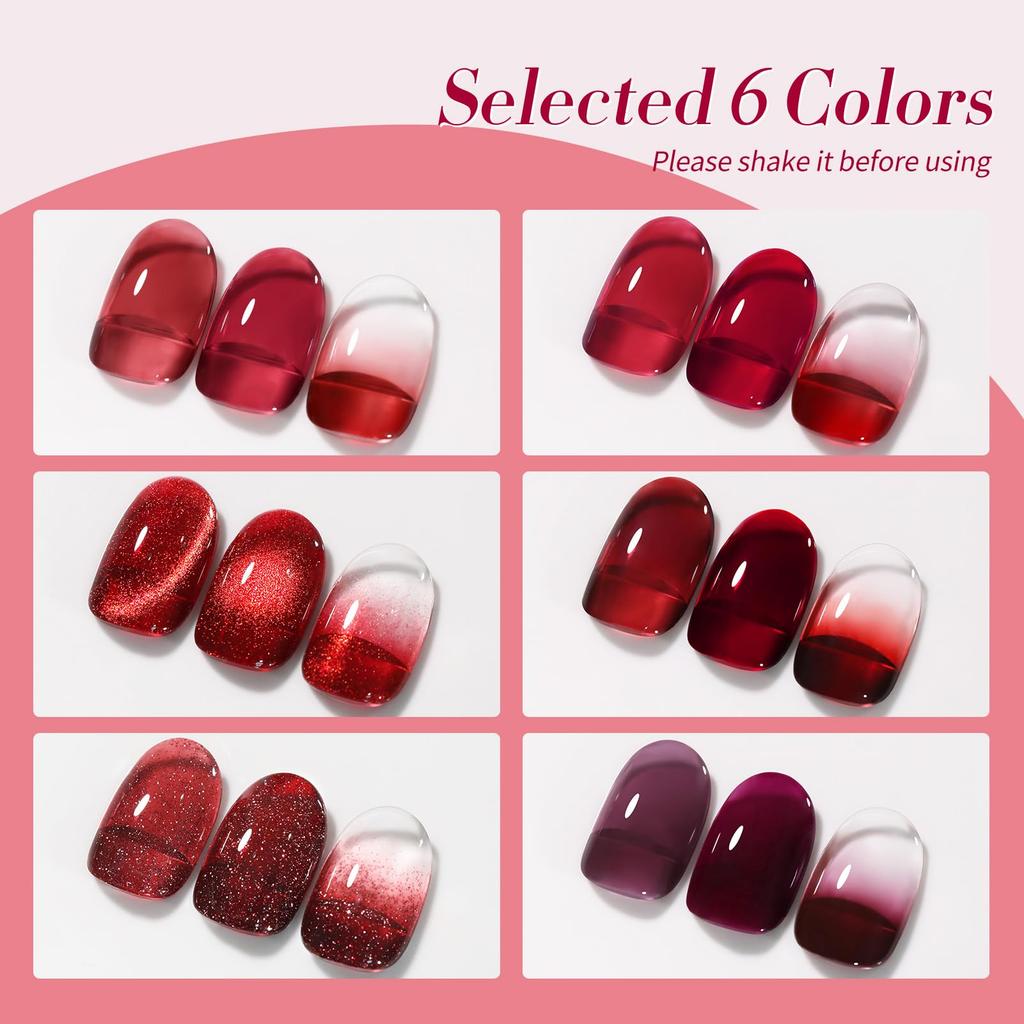 BORN PRETTY Gel Nagellack, Rot, Tiefes Weinrot, 6-Farben Set, Rote Kollektion, Klares Gel, UV- & LED-Kompatibel, Salonnägel, DIY Nail Art