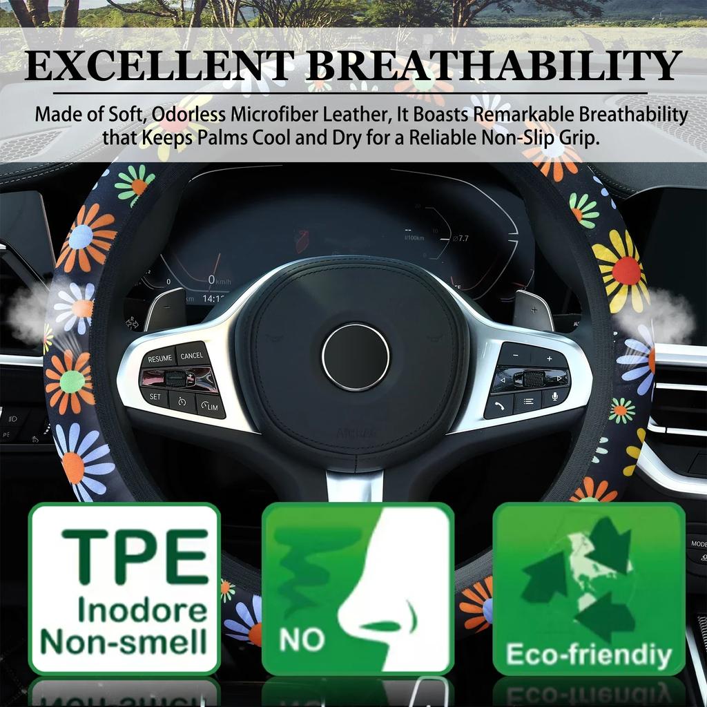 Car Steering Wheel Steering Wheel Cover Car Steering Wheel Cover For Women Wheel Cover Flowers Print Anti-Slip Funda Volante