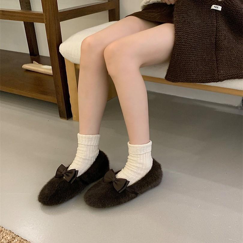 2025 autumn and winter new double bow fluffy shoes velvet cotton shoes wear flat shoes one pedal