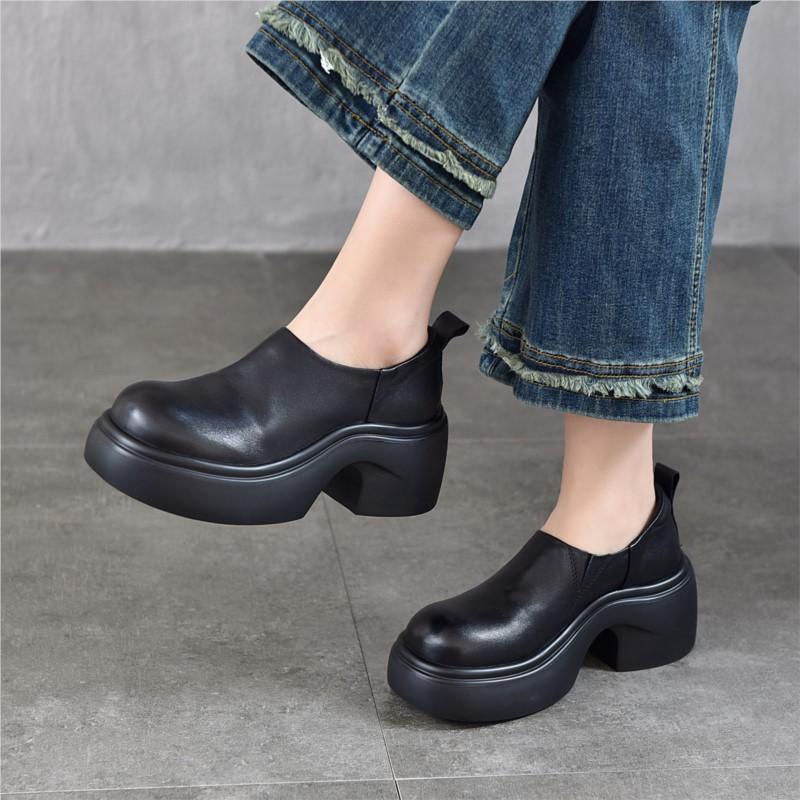 Johnature Lightweight Thick Soled Genuine Leather High-heeled Pumps Versatile Round Toe Women's Platform Shoes