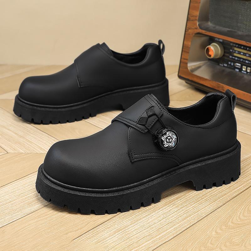 Derby shoes men's spring platform heightening leather spiral button leather shoes men's black big head shoes 2025 spring