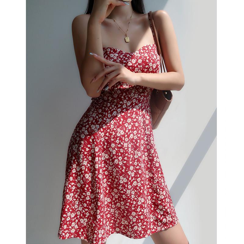 French retro girl V-neck red floral suspender skirt slim and thin waist strap short skirt vacation dress