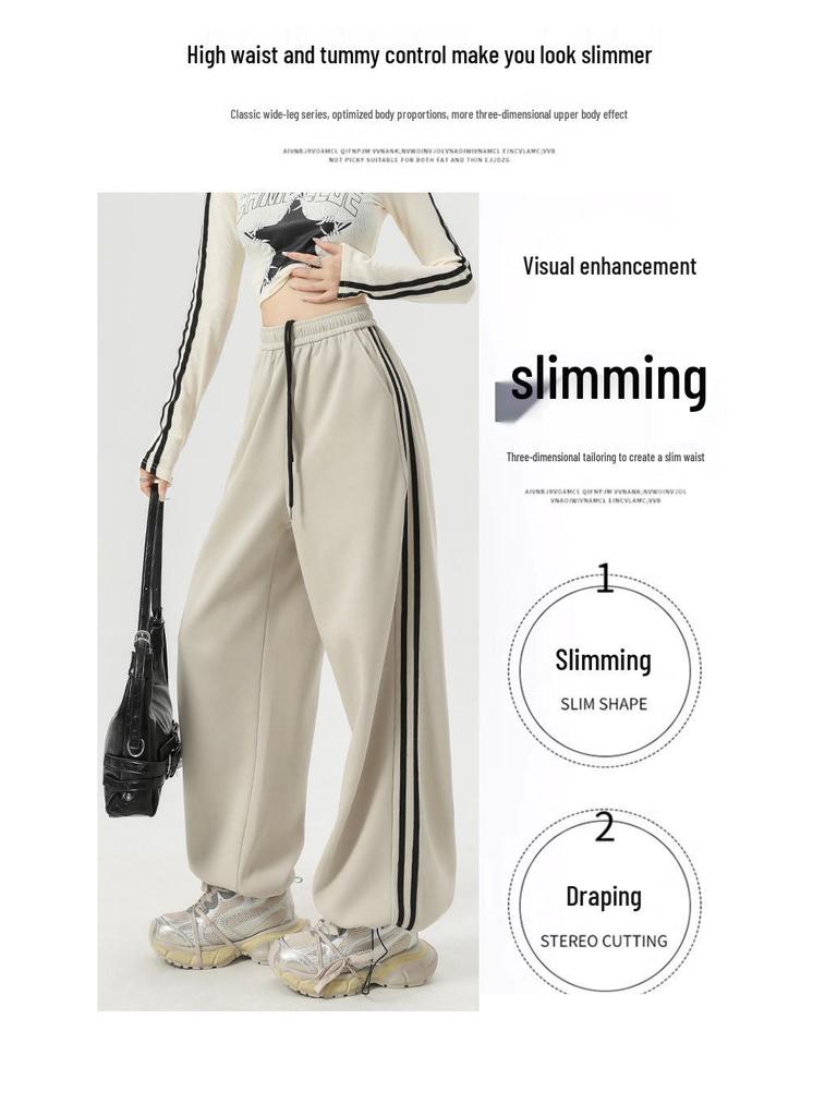 Women's American-Style Sweatpants with Side Stripe - High Waist, Slimming, Wide Leg - Spring/Autumn 2024