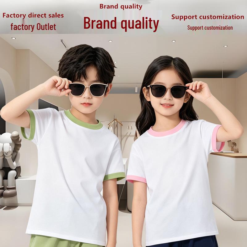 Summer Kids' Cotton Crew Neck Short Sleeve T-shirt with Custom Logo - Lightweight Solid Color Uniform Base Layer