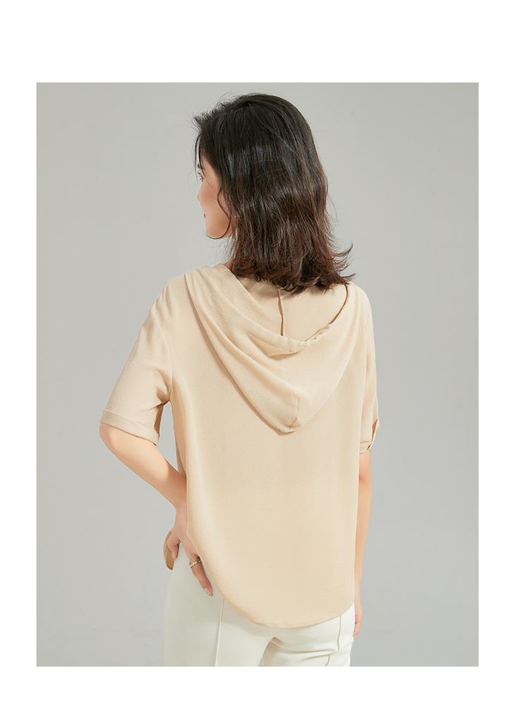 100% Silk Ghost Crepe Short Sleeve Summer Fashion Hooded Collar Half Open Solid Color Mulberry Silk T-shirt for Women