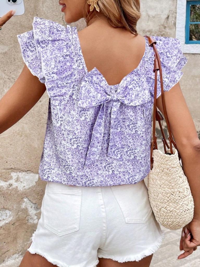 Women's Printed Summer Fashion Back Bow Tiered Ruffled Short Sleeve Shirt