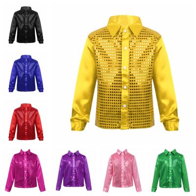 Kids Teens Boys Sequined Long Sleeve Shirt Hip Hop Jazz Disco Dance Shirt Tops Performance Costumes