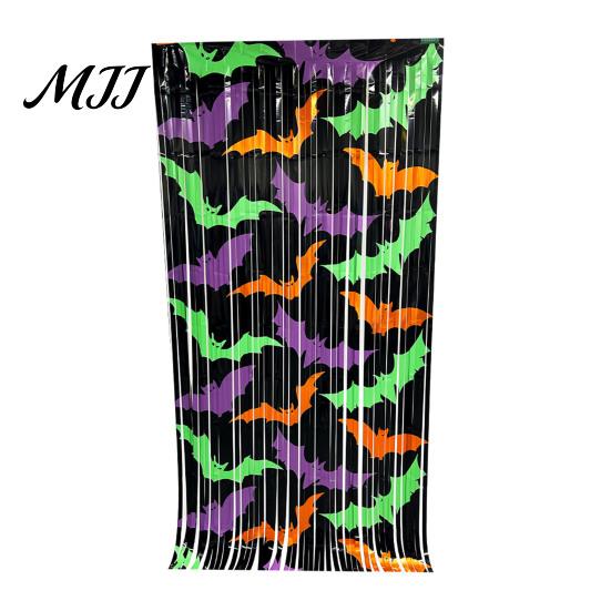 Festive Halloween Curtain Foil Fringe for Halloween, Orange Purple Black Background Photo Booth Backdrop Props, Pumpkin Ghost Bat Party Decoration