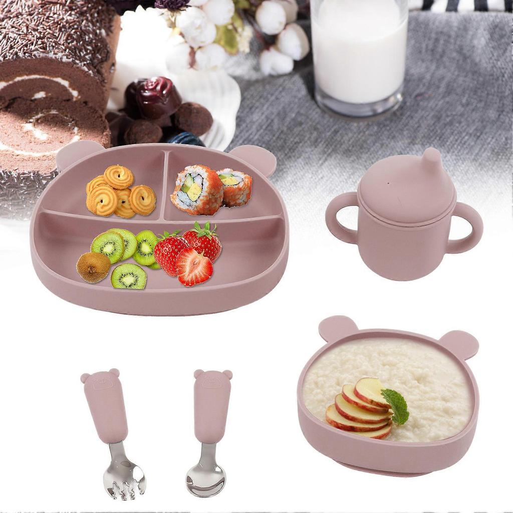 5pcs Baby Feeding Kit Food Grade Silicone Bear Design Plate Bowl Drinking Cup Spoon Fork Infant Feeding Kit