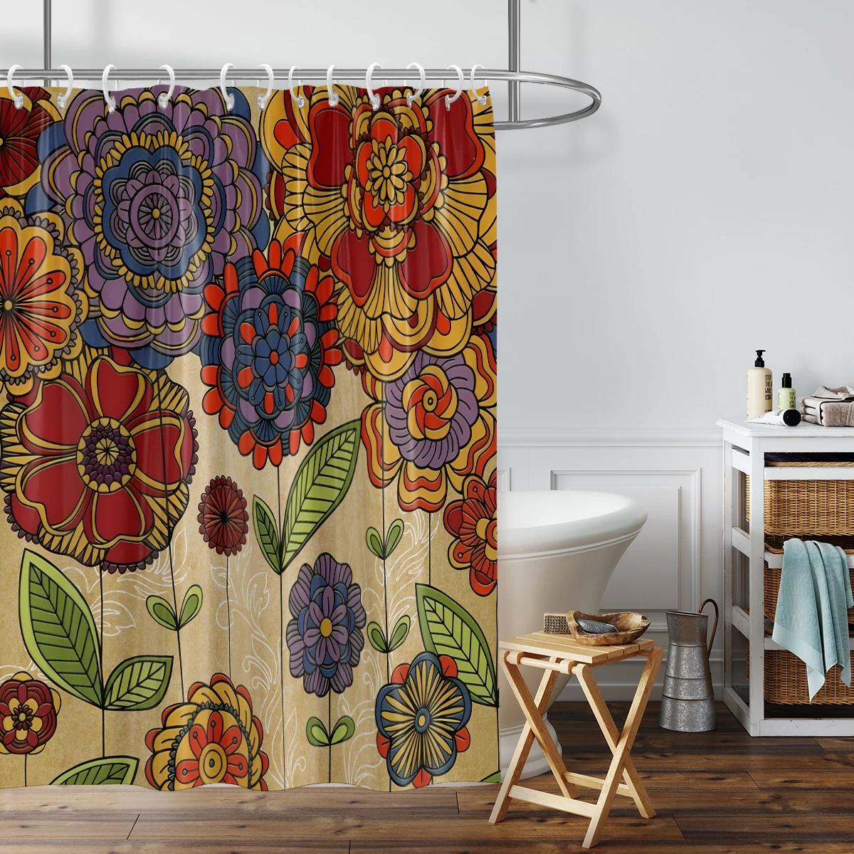 

1Pc Bohemia Flowers Pattern Printed Shower Curtain, Waterproof, Washable, With 12 Hooks, Bathroom Shower, Bathtub, Home Use W60H190(CM)-1 Pcs