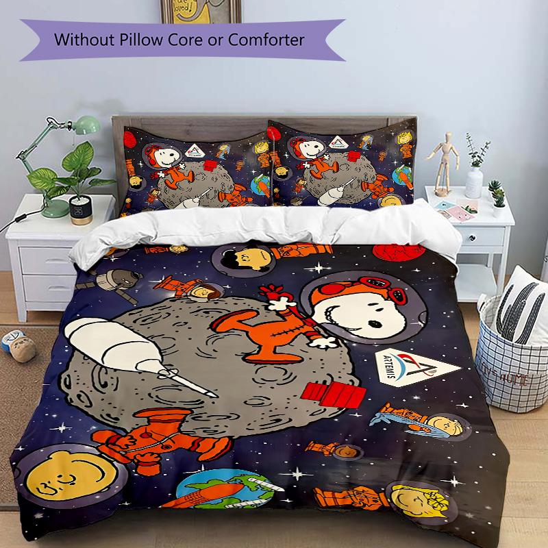 Space Adventure Snoopy Printed 3pcs Bedding Set Soft Microfiber 1 Duvet Cover And 2 Pillowcases Home Bedroom Decor Xmas Gift Ek141
