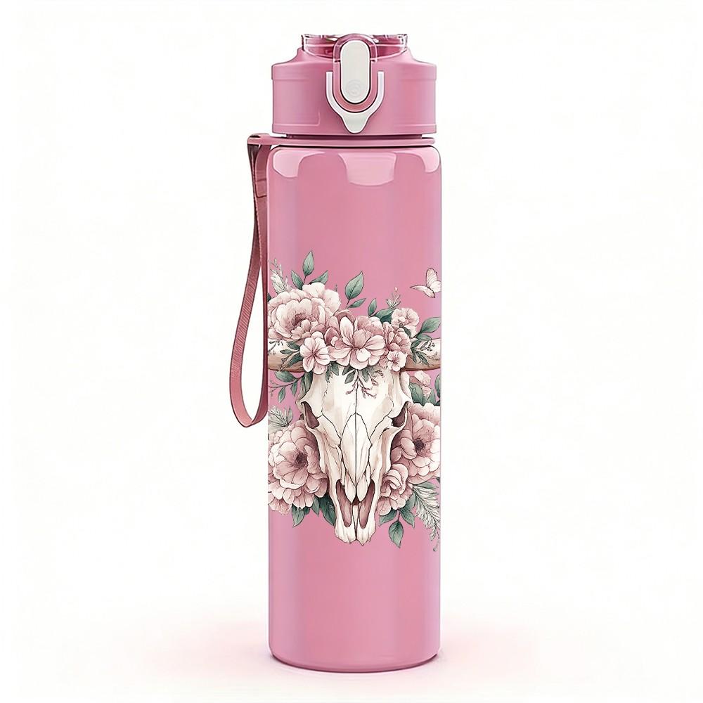1PC Cow Skull Rose Western Floral Print 750ml Color Plastic Sports Water Bottle Leakproof Flip Straw Lid Suitable for Sports Office Home Use