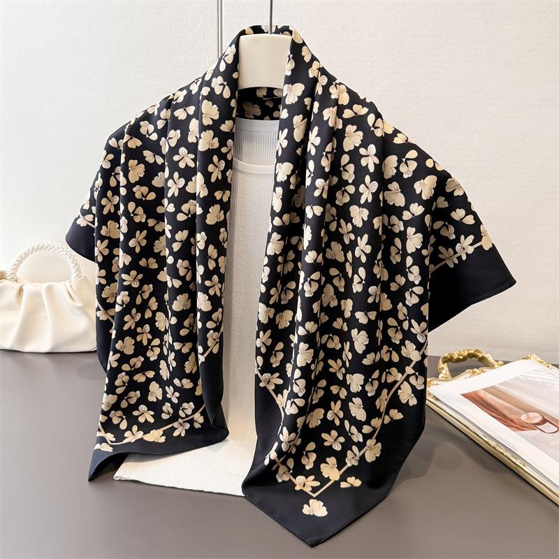 90*90Cm Summer Thin Square Scarf Women Silk Scarves Foulard Bandanas Luxury Beach Shawl Wraps Floral Printed Hijab Neckerchief