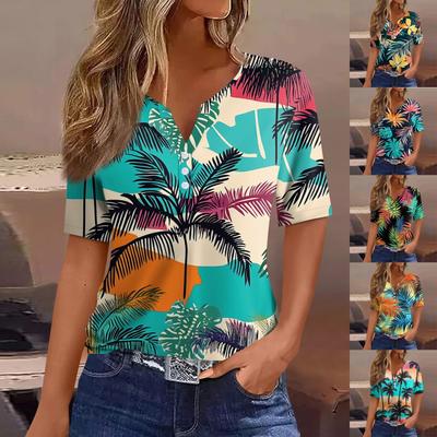 Camiseta de mujer con estampado de botones, manga corta, para uso diario, fin de semana, básica, cuello en V, top regular