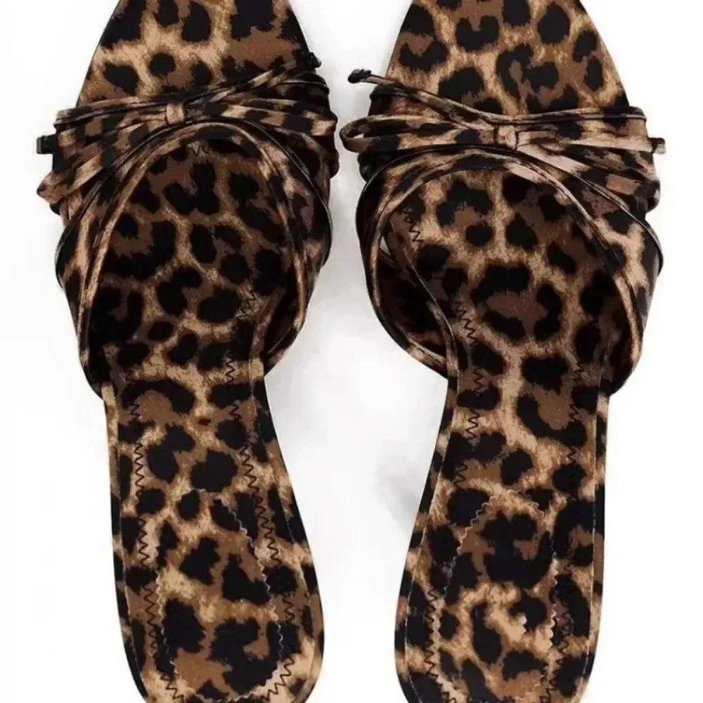 Women's Slippers, Leopard Print, High Heels, Suspender, Party, Women's Shoes 2024 Summer New Casual Bow, Outdoor Women's Sandals