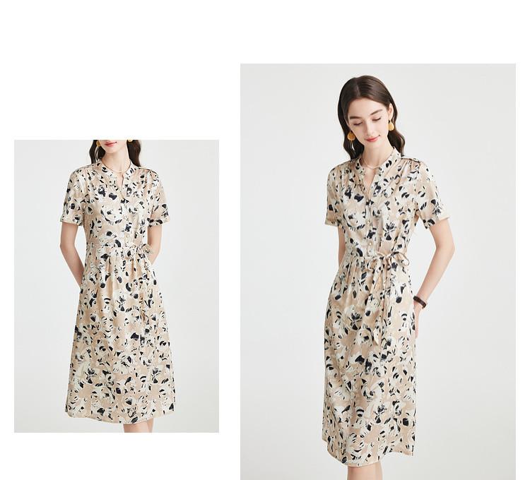 Age reducing print: Heavy weight mulberry silk 26 spring/summer small V-neck fashionable slimming temperament elegant commuting dress