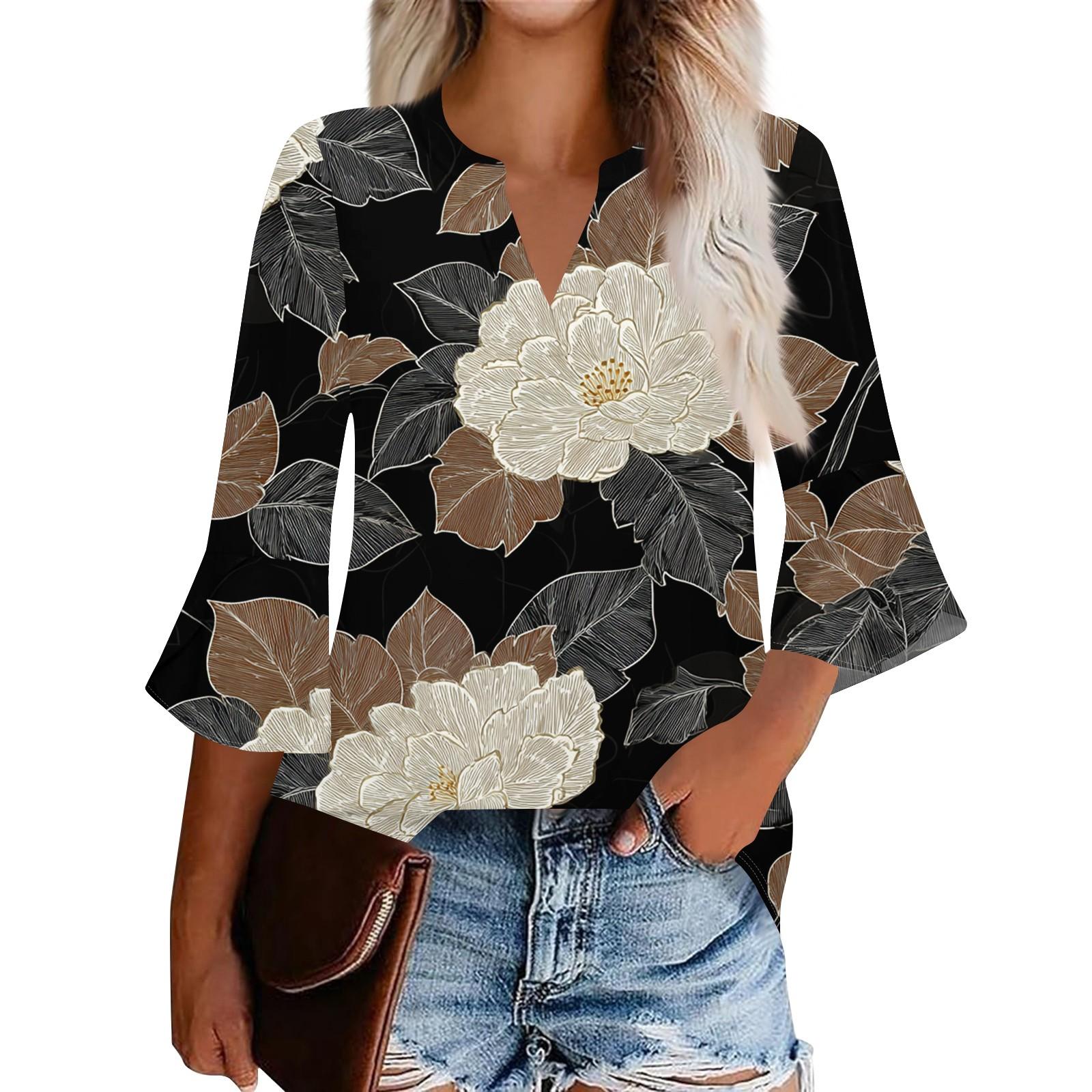 

Женский повседневный модный топ с цветочным принтом, рукавом три четверти и круглым вырезом L