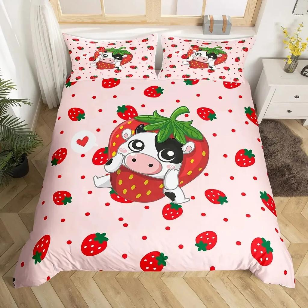 Milk Cow Duvet Cover Set Pink White Cow Strawberry Pattern Comforter Cover Bedding Set for Girls Kawaii Milk Cow Qulit Cover Set