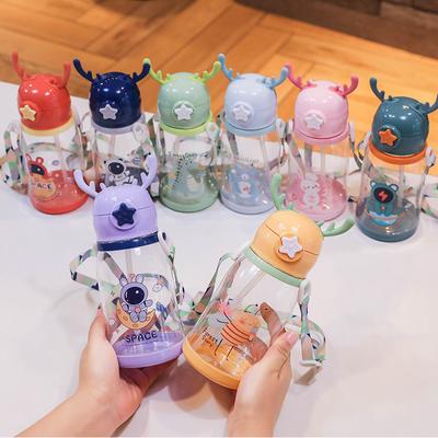 Cartoon Reindeer Antler Plastic Cup With Handle And Straw Large Capacity Student Gift Water Bottle For Kids