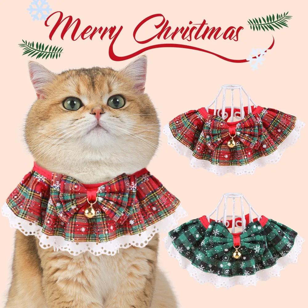Christmas Plaid Scarf with Bowtie for Pets Dog Cat Neck Warmer with Lace Trim And Pendant Holiday Pet Accessory